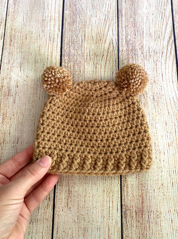 Light brown mini pom pom hat by Two Seaside Babes
