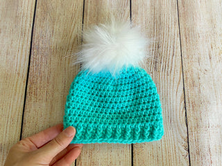 Aqua blue faux fur pom pom hat