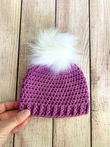 Orchid faux fur pom pom hat by Two Seaside Babes