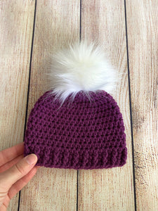 Berry faux fur pom pom hat by Two Seaside Babes