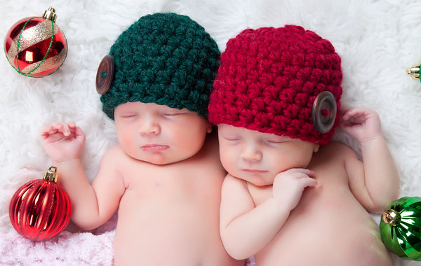 Cranberry red & evergreen pine button beanie baby hat