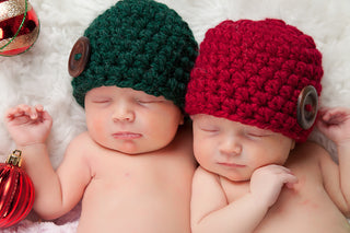 Cranberry red & evergreen pine button beanie baby hat