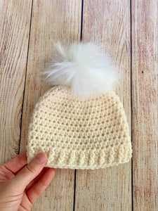 Ivory cream faux fur pom pom hat by Two Seaside Babes