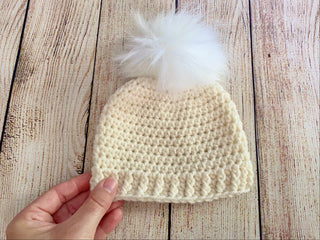 Ivory cream faux fur pom pom hat