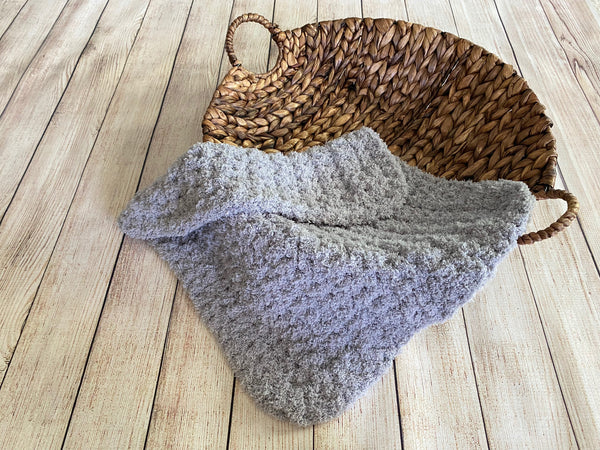Light gray soft and fluffy crochet baby blanket