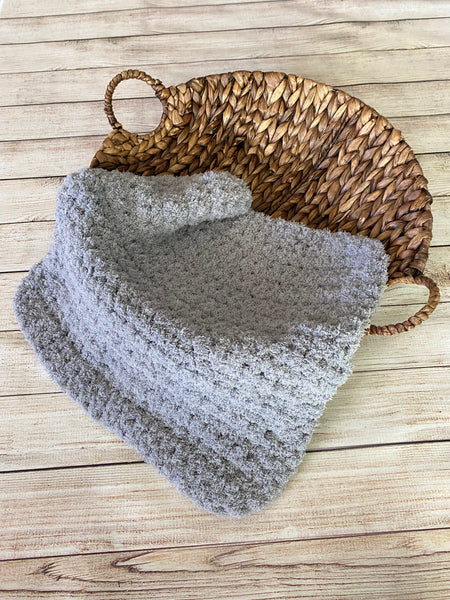 Light gray soft and fluffy crochet baby blanket