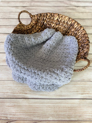 Light gray soft and fluffy crochet baby blanket by Two Seaside Babes