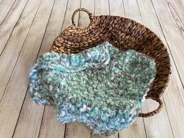 Aqua, gray, white soft and fluffy crochet baby blanket