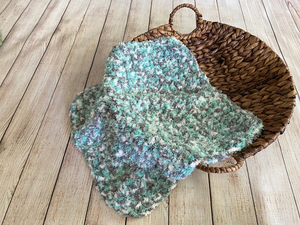 Aqua, gray, white soft and fluffy crochet baby blanket