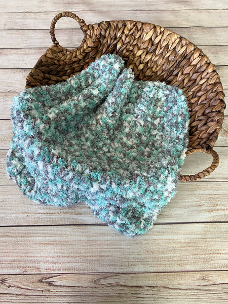 Aqua, gray, white soft and fluffy crochet baby blanket by Two Seaside Babes