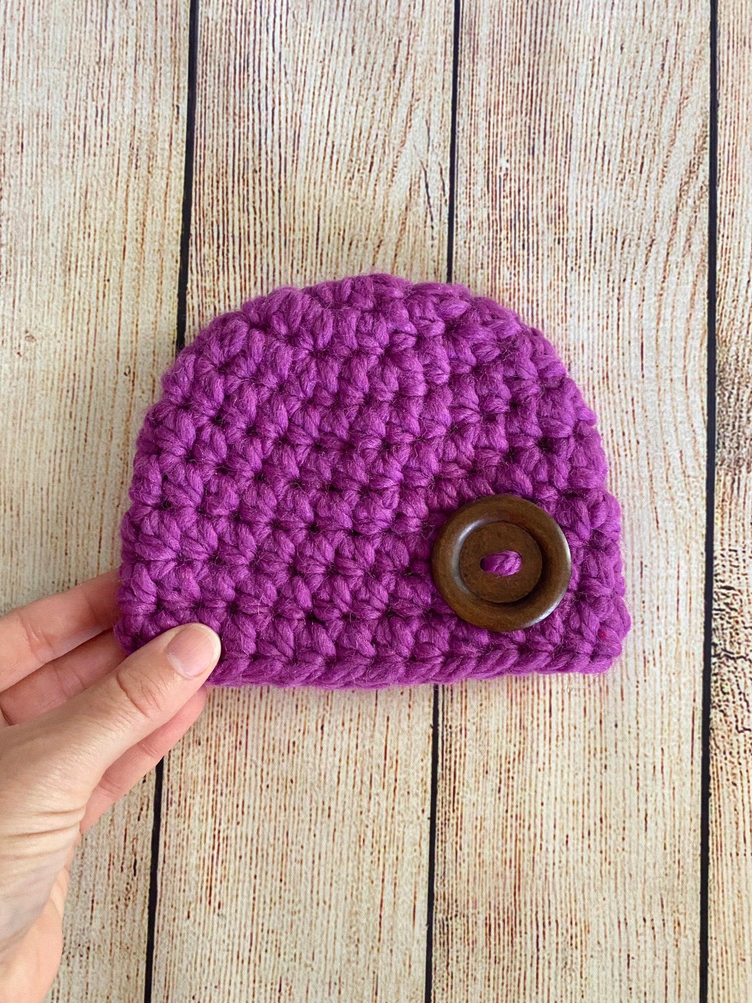 Purple orchid button beanie baby hat by Two Seaside Babes
