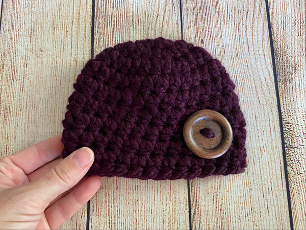 Purple eggplant button beanie baby hat