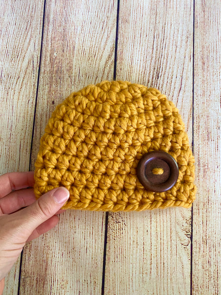 Mustard button beanie baby hat by Two Seaside Babes