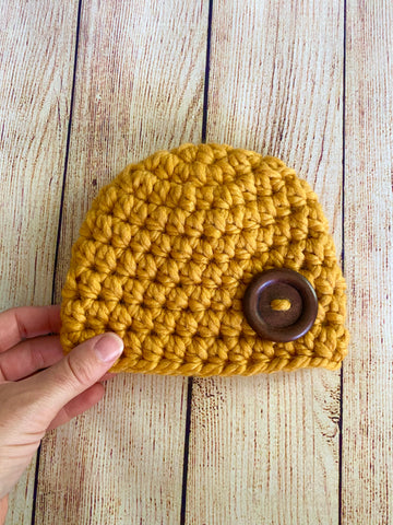 Mustard button beanie baby hat by Two Seaside Babes