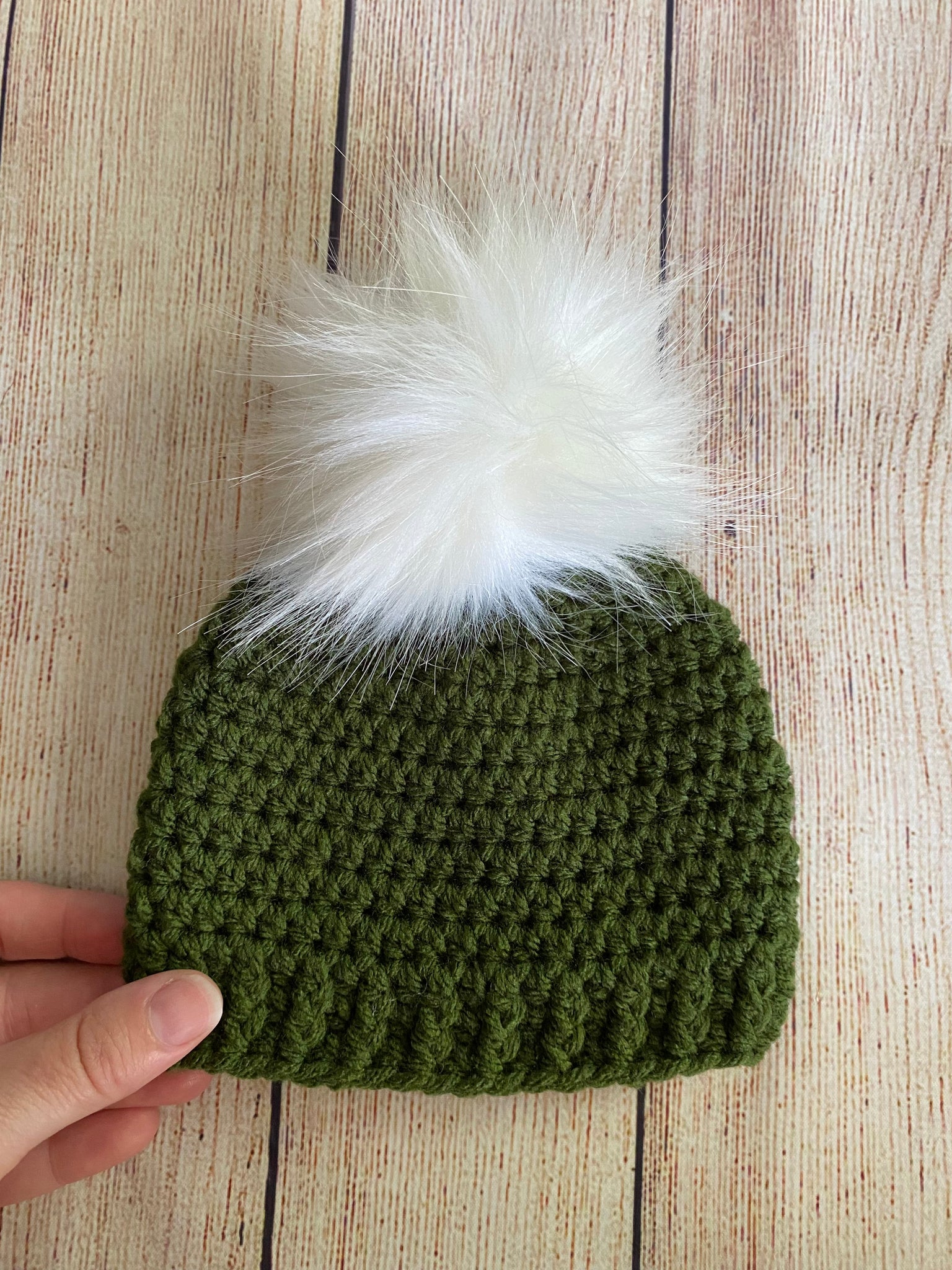 Olive green faux fur pom pom hat by Two Seaside Babes