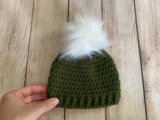 Olive green faux fur pom pom hat