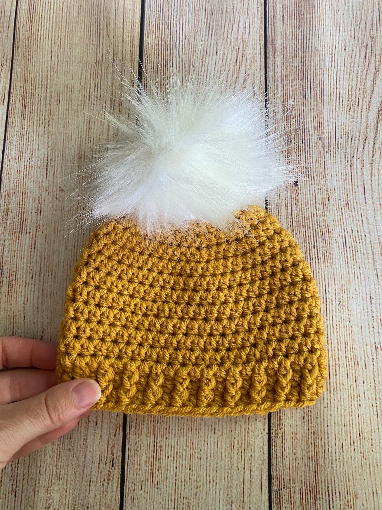 Golden yellow faux fur pom pom hat by Two Seaside Babes