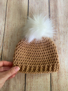 Light brown faux fur pom pom hat by Two Seaside Babes