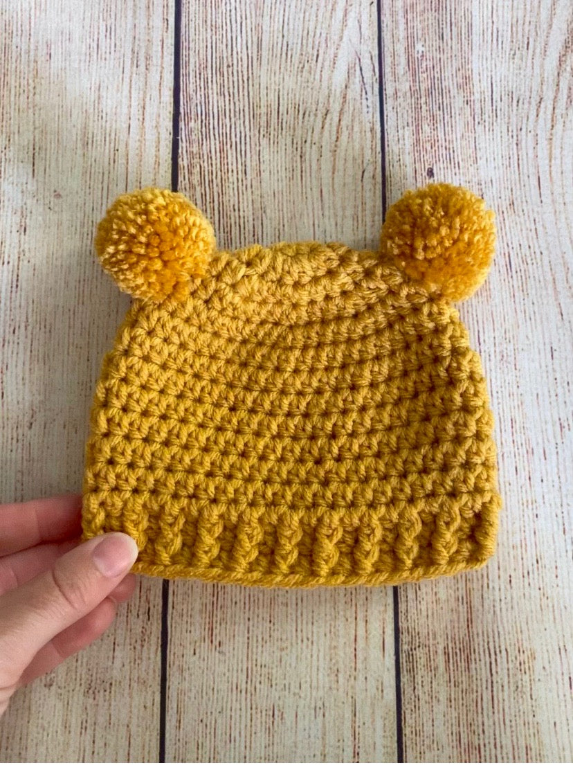 Golden yellow mini pom pom hat by Two Seaside Babes