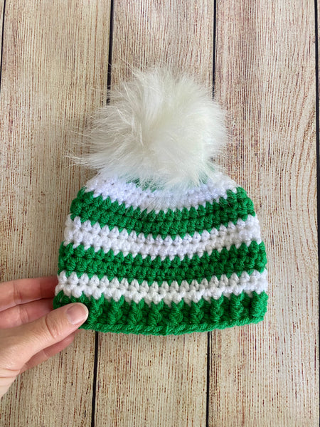 Green and white faux fur pom pom striped Christmas hat by Two Seaside Babes