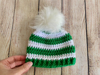 Green and white faux fur pom pom striped Christmas hat