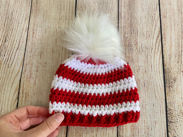Red and white faux fur pom pom striped Christmas hat