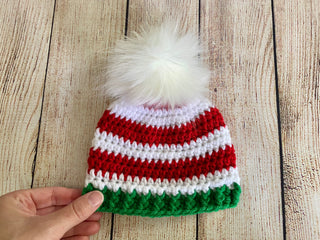 Red, white, and green faux fur pom pom striped Christmas hat