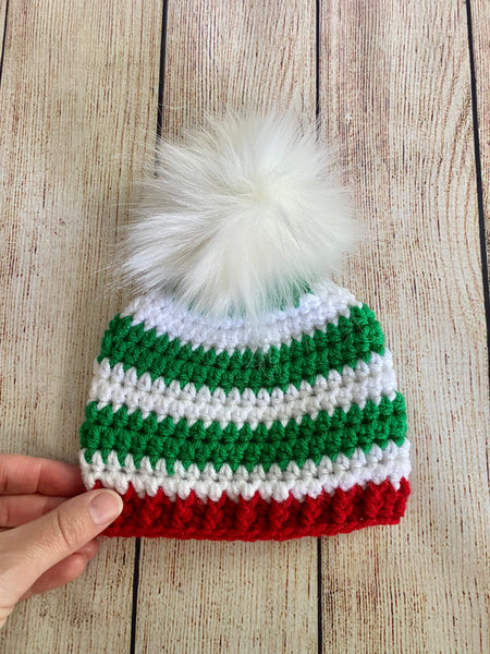 Green, white, and red faux fur pom pom striped Christmas hat by Two Seaside Babes
