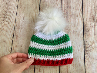 Green, white, and red faux fur pom pom striped Christmas hat