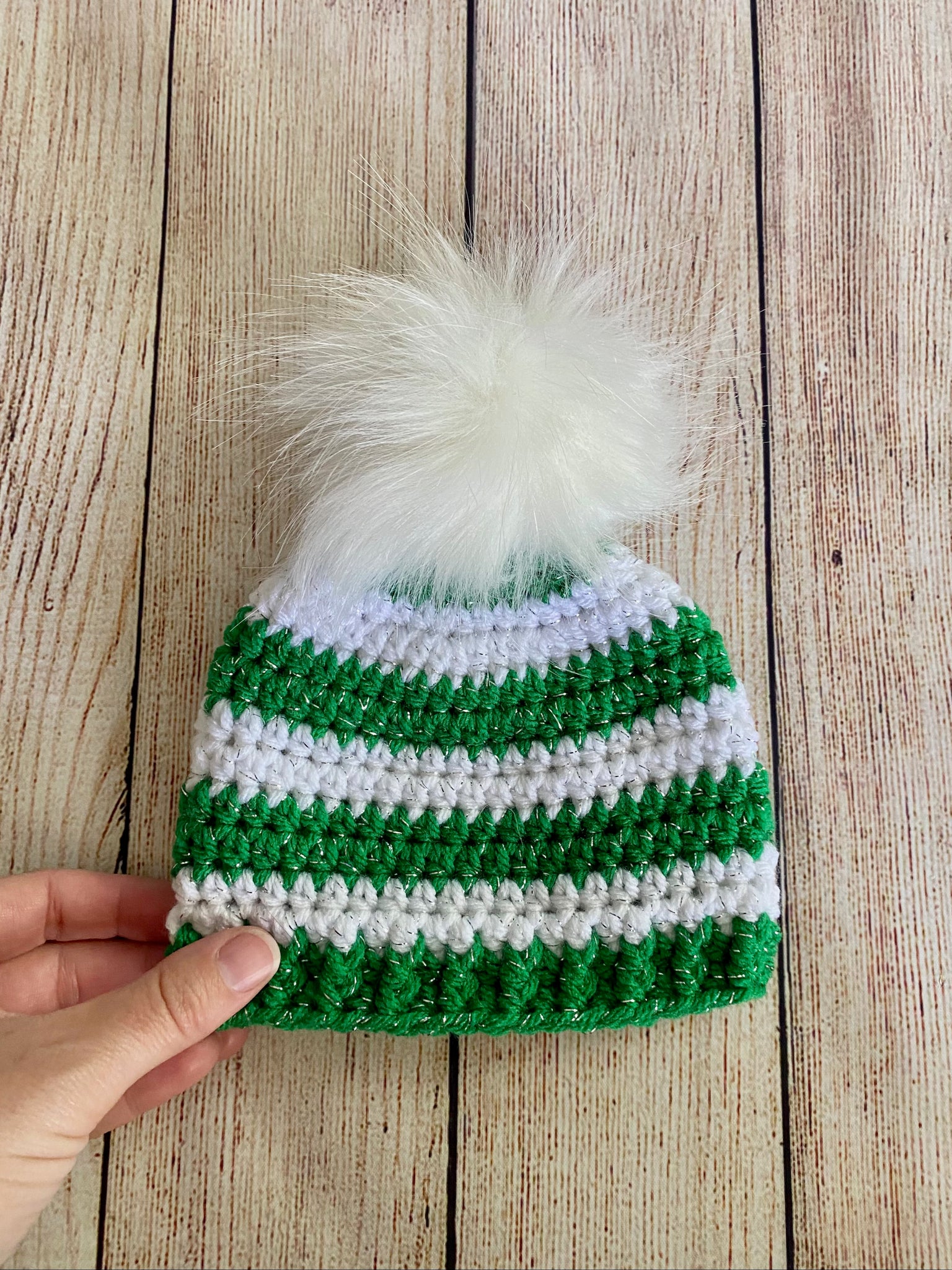 Green and white sparkle faux fur pom pom striped Christmas hat by Two Seaside Babes
