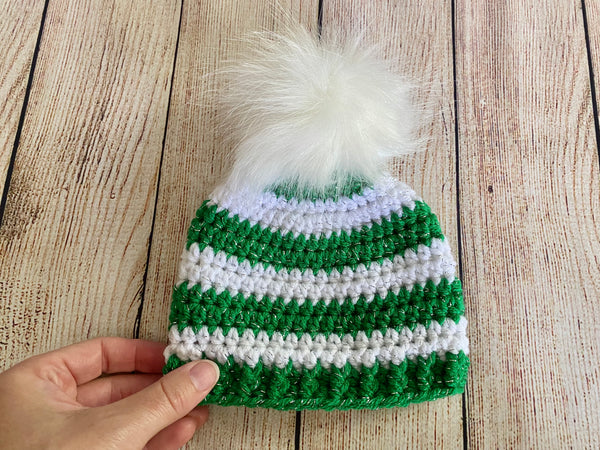 Green and white sparkle faux fur pom pom striped Christmas hat