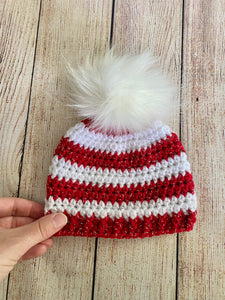 Red and white sparkle faux fur pom pom striped Christmas hat by Two Seaside Babes