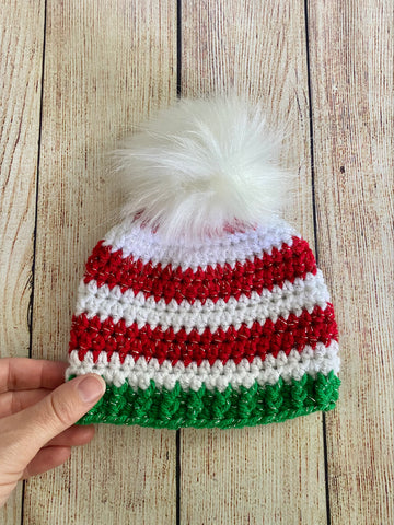 Red, white, and green sparkle faux fur pom pom striped Christmas hat by Two Seaside Babes