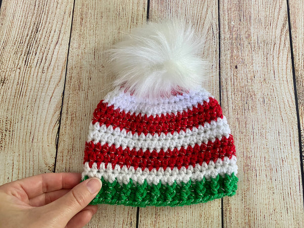 Red, white, and green sparkle faux fur pom pom striped Christmas hat