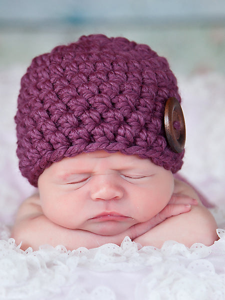 Purple plum button beanie baby hat by Two Seaside Babes