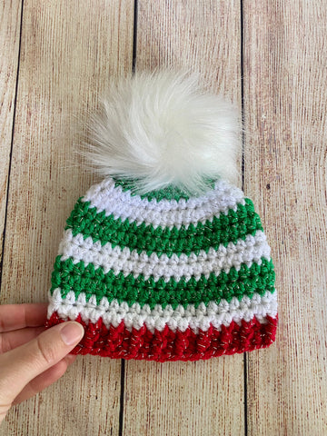 Green, white, and red sparkle faux fur pom pom striped Christmas hat by Two Seaside Babes