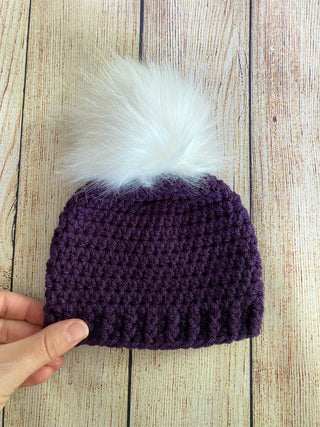 Purple eggplant faux fur pom pom hat by Two Seaside Babes