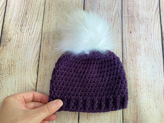 Purple eggplant faux fur pom pom hat