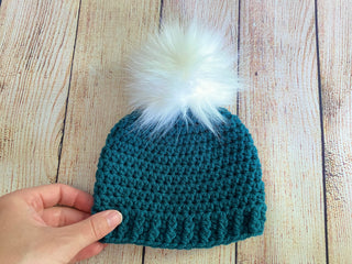 Teal faux fur pom pom hat