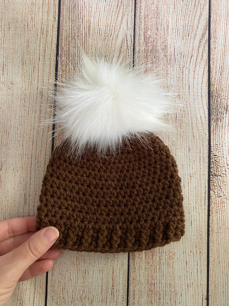 Brown faux fur pom pom hat by Two Seaside Babes