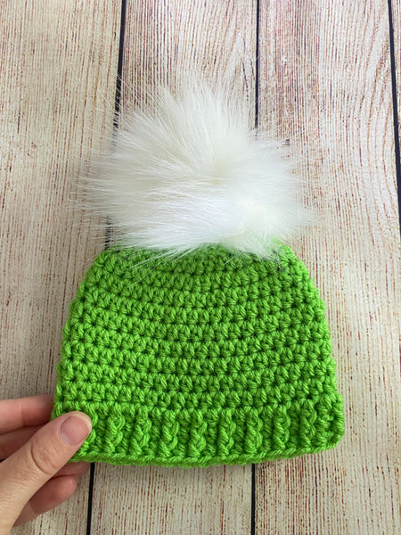 Lime green faux fur pom pom hat by Two Seaside Babes