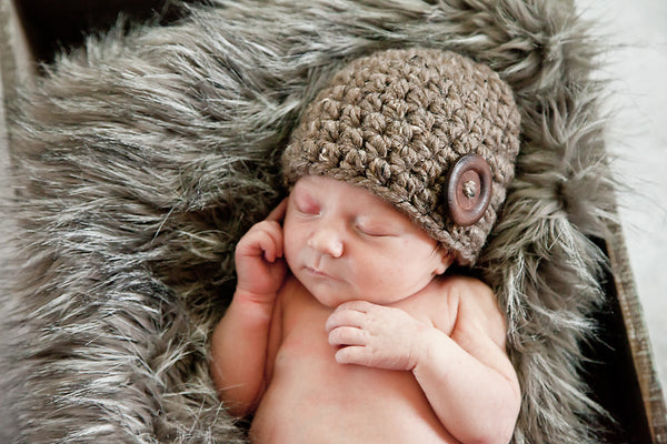 Barn wood brown button beanie baby hat