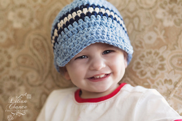 6 to 9 Month Light Blue, Navy Blue, & Ecru Striped Visor Beanie