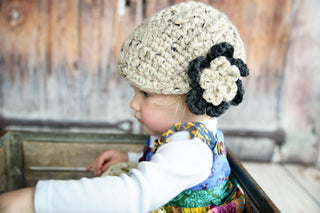 1T to 2T Oatmeal & Charcoal Gray | chunky crochet flower beanie, thick winter hat | baby, toddler, girl's, women's sizes