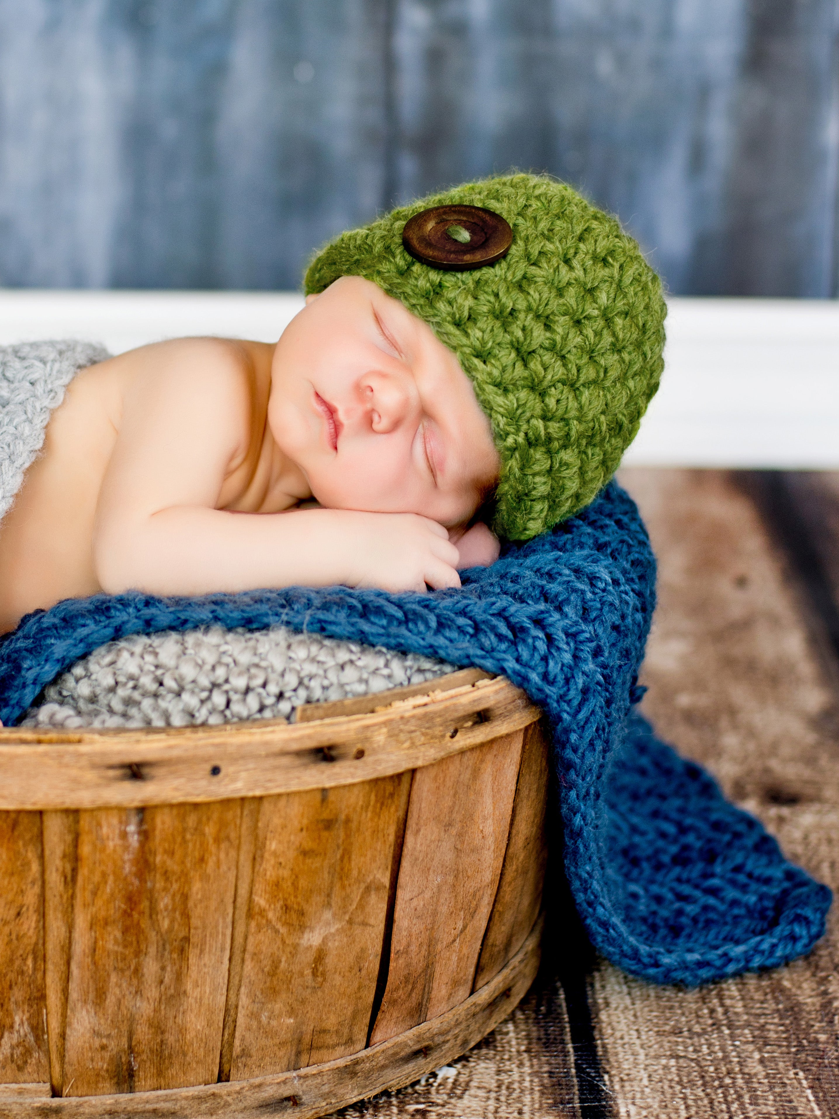 Green button beanie crochet baby hat for newborn girls boys