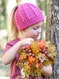 Raspberry pink messy bun ponytail beanie winter hat by Two Seaside Babes