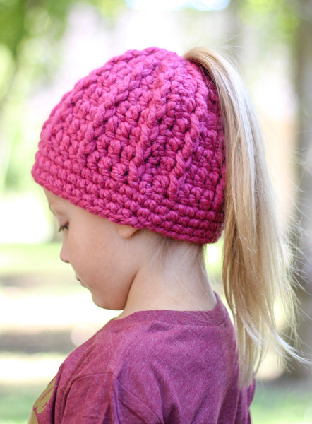 Raspberry pink messy bun ponytail beanie winter hat