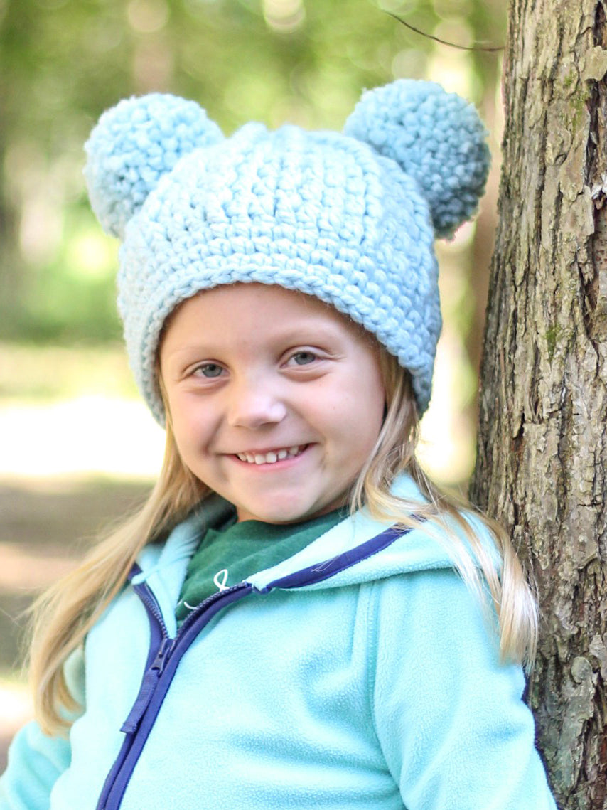 Sky blue double pom beanie winter hat by Two Seaside Babes