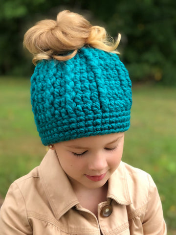 Teal messy bun ponytail beanie winter hat by Two Seaside Babes