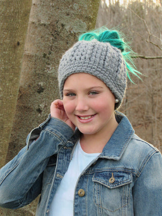 Slate gray messy bun ponytail beanie winter hat